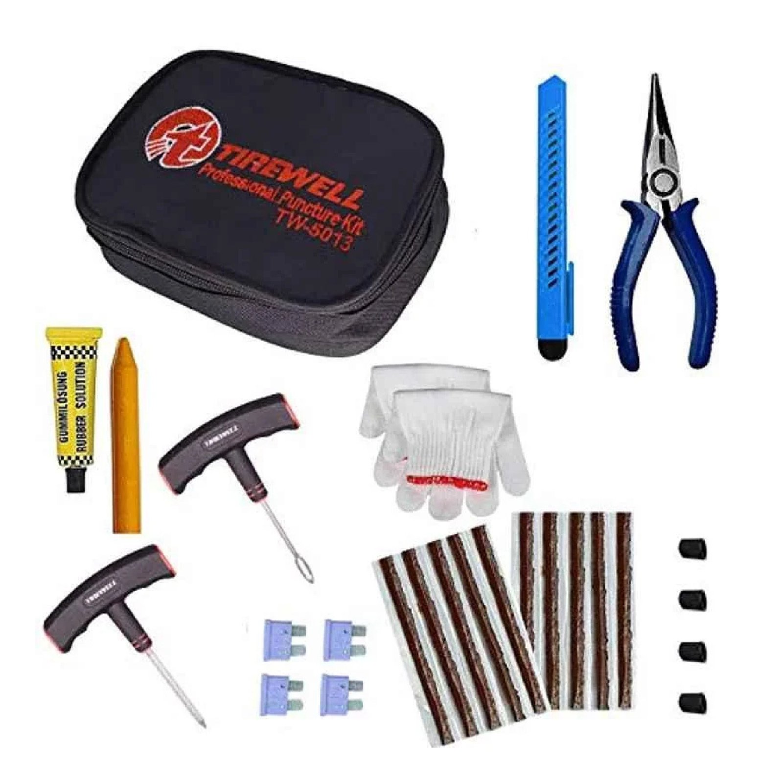 Tirewell TW-5013 10 in 1 Universal Tubeless Tyre Puncture Kit with Storage Bag, Emergency Flat Tire Repair Patch Tool Bag for Car, Bike, SUV